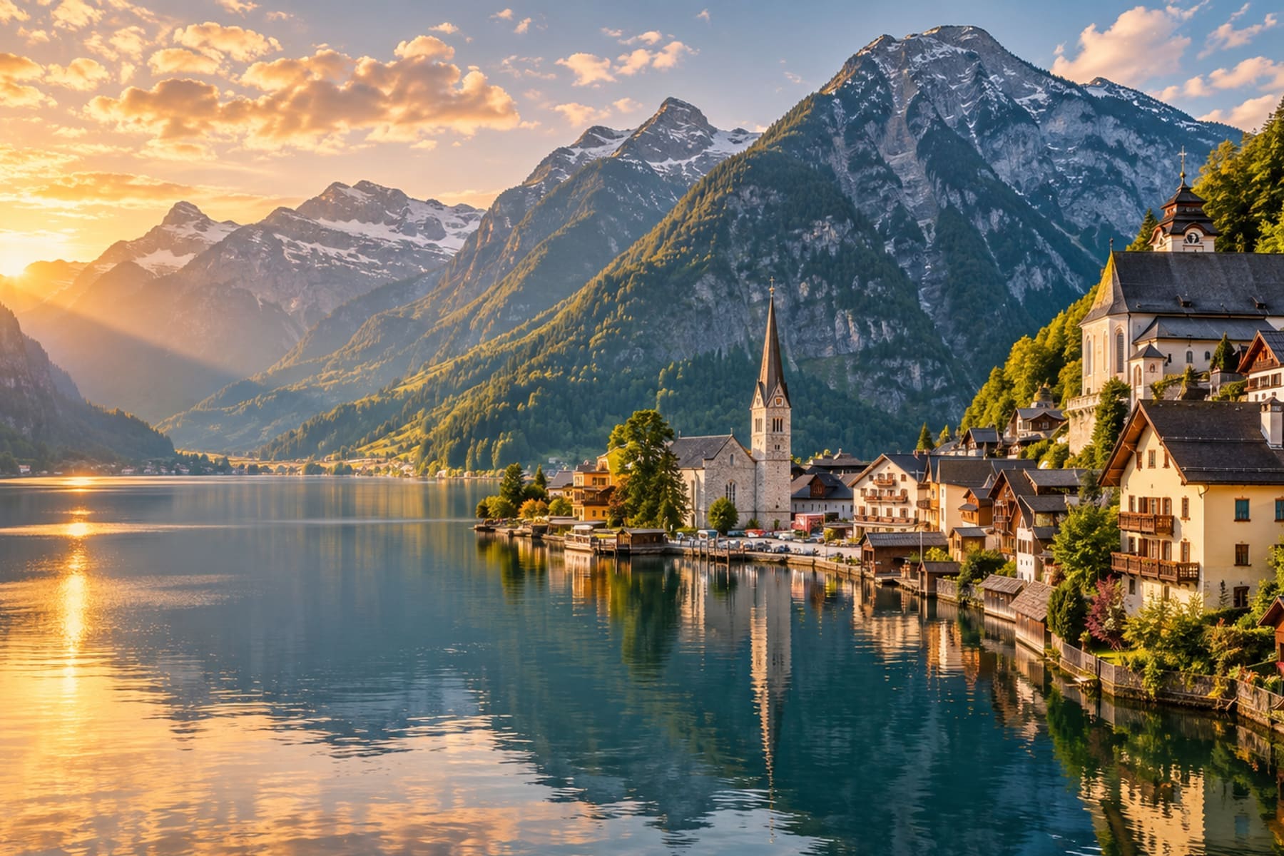 Hallstatt's lakeside church spire at sunrise, framed by the Alps and their reflection