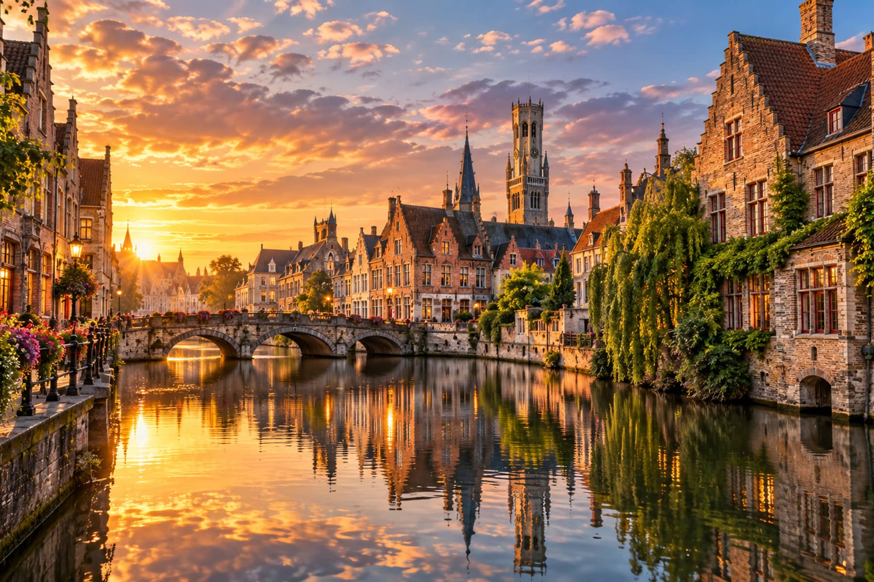 Bruges canal at golden hour with the Belfry tower rising above the old town