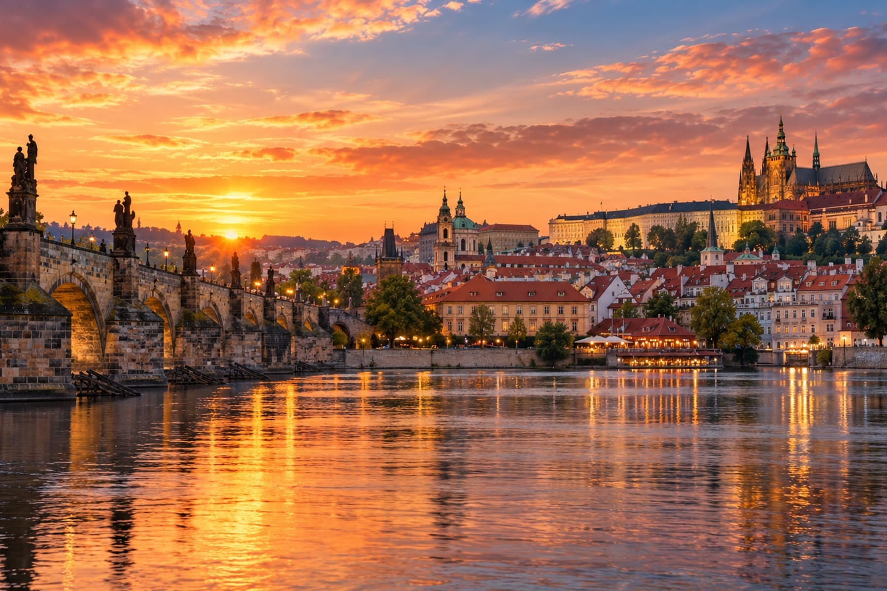 Charles Bridge over the Vltava at sunrise with Prague Castle lit up on the hill beyond