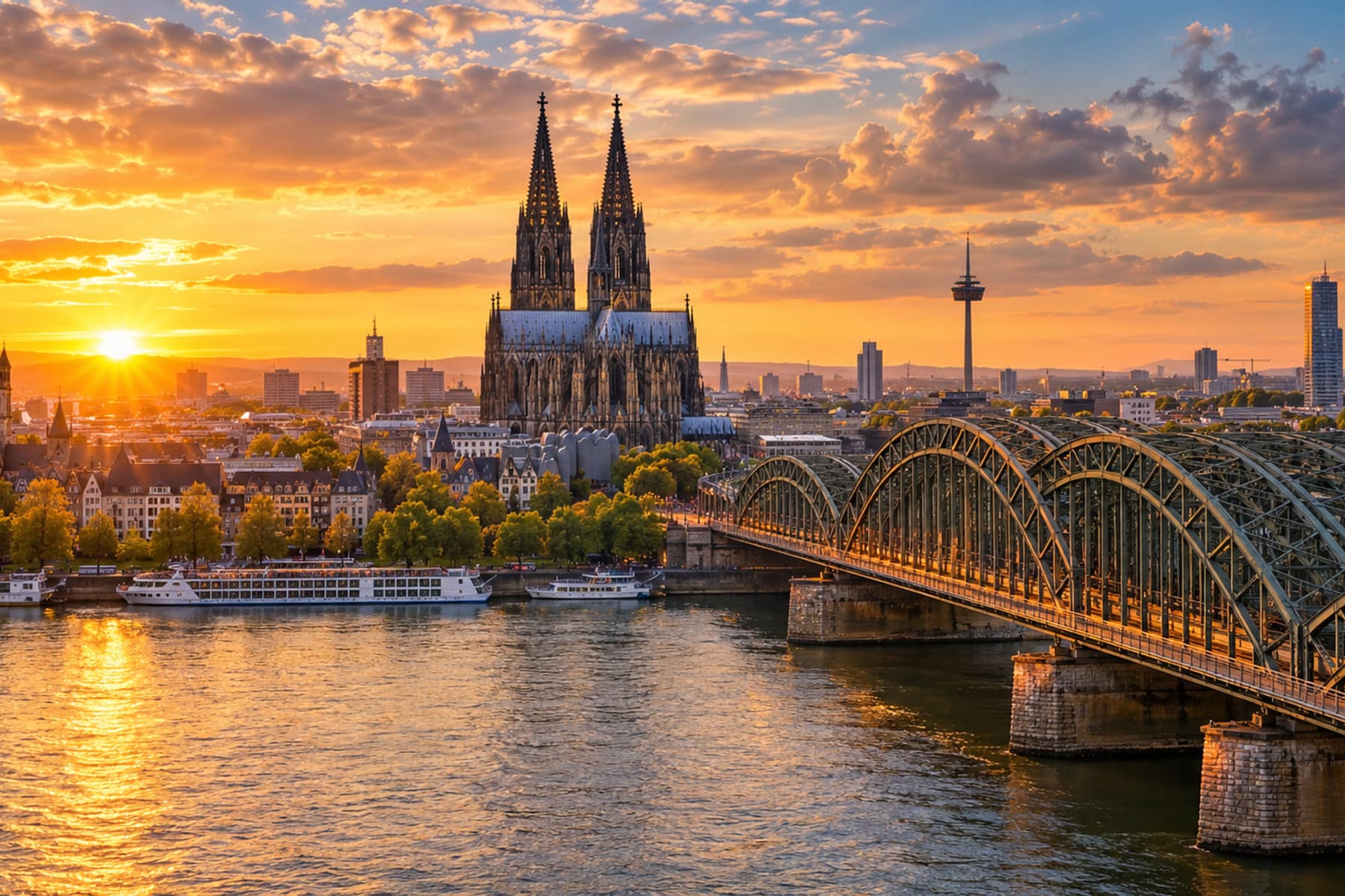 Cologne Cathedral's twin spires at sunset above the Hohenzollern Bridge and the Rhine