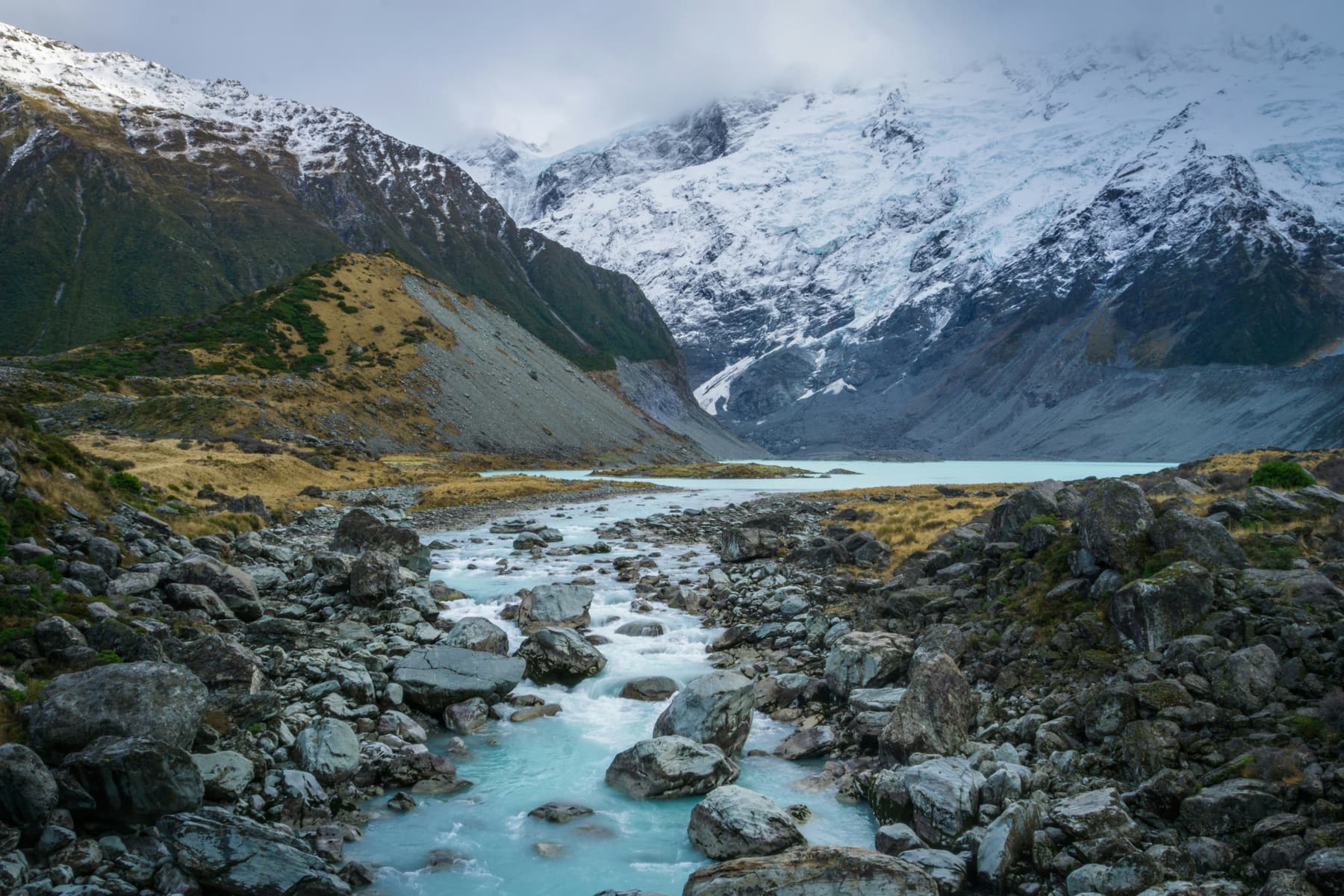 A glacial river running through boulders below the snow-covered peaks of the Hooker Valley