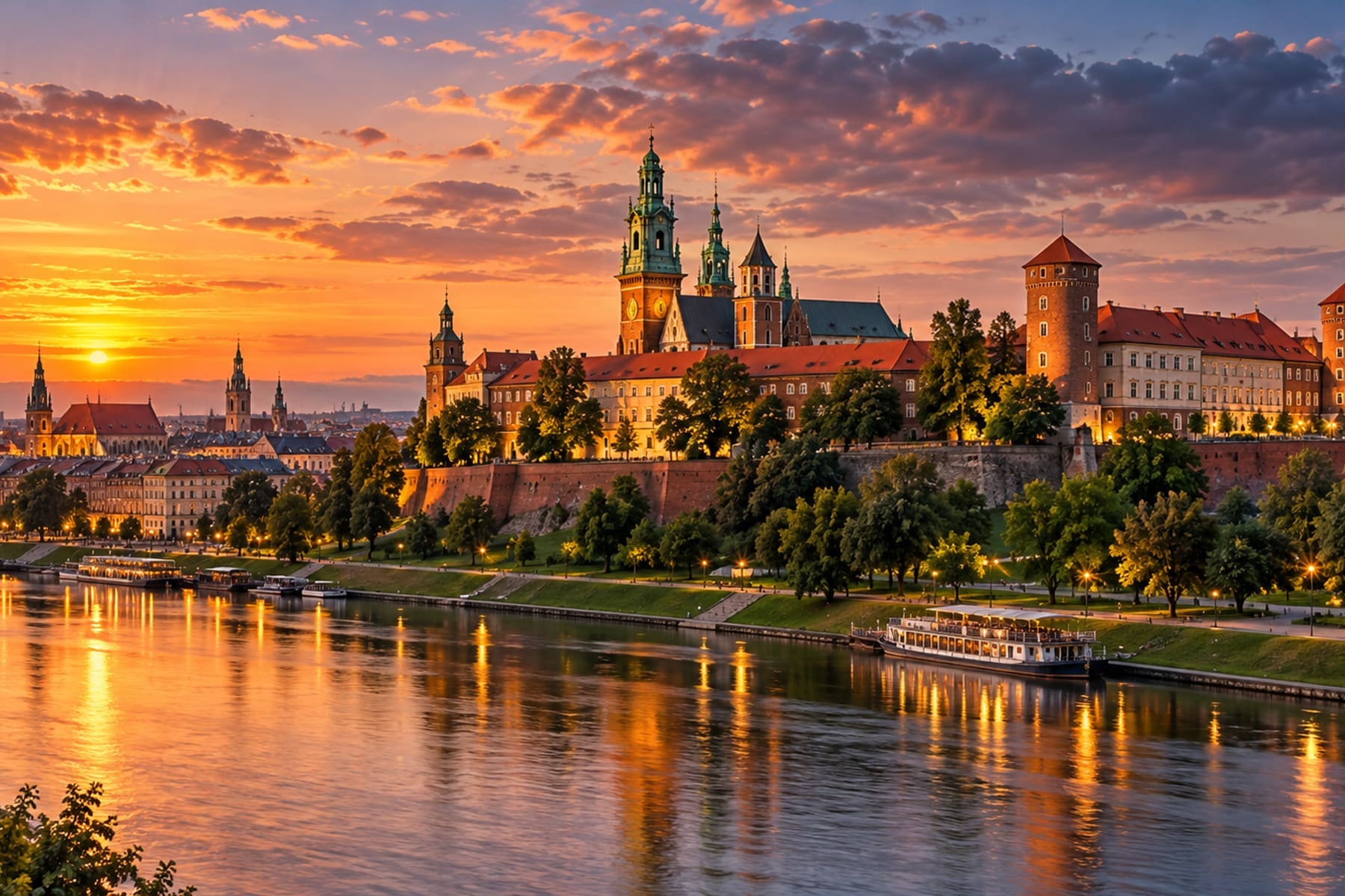 Wawel Castle above the Vistula at sunset, its green-topped towers catching the last light